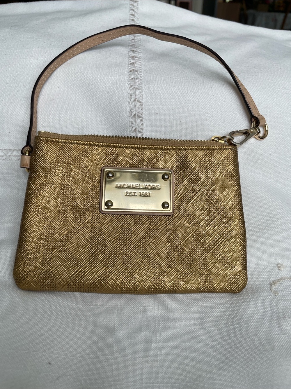 Michael Kors Metallic Gold Wristlet Clutch with Tan Leather Strap
